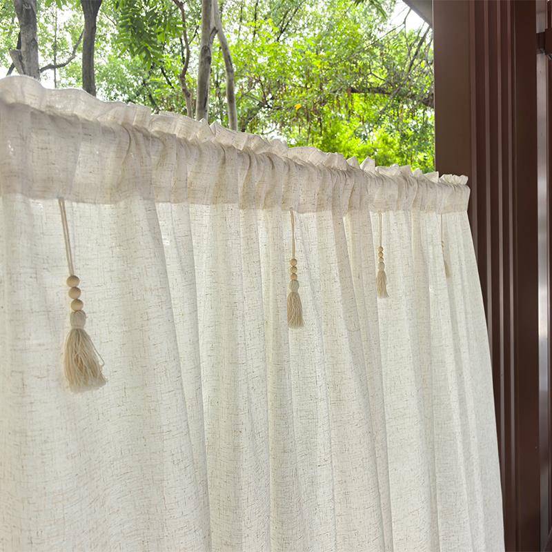 厨房免打孔棉亚麻遮光小窗帘半帘短帘门帘魔术贴飘窗遮挡帘不透人