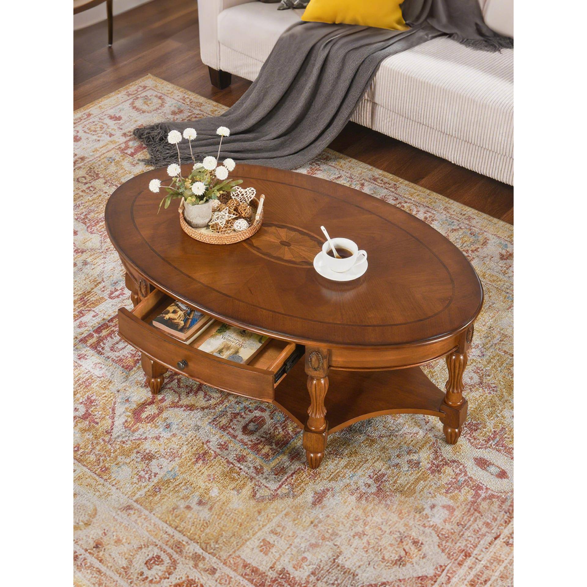 美式实木茶几椭圆形茶桌带抽屉乡村玻璃咖啡桌复古小户型茶台欧式