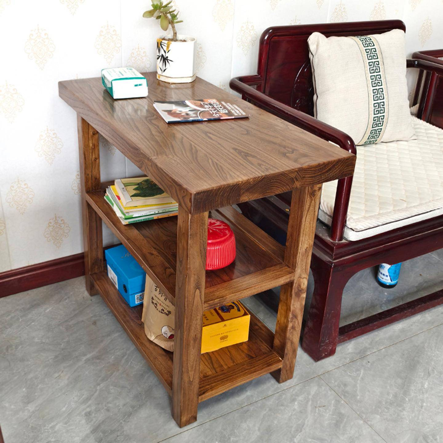 老榆木沙发边几角几现代简约客厅边柜实木置物架侧边桌实木小方桌