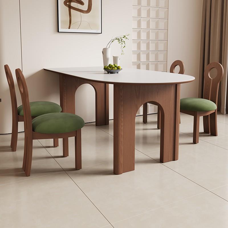 法式奶油中古风餐桌小户型半圆形岛台靠墙吃饭桌复古实木岩板餐桌