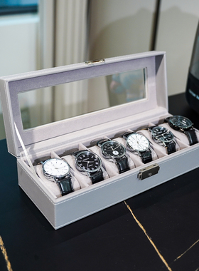 灰色PU皮革6位手表收纳盒一字锁带盖防尘6只装手表展示盒透明天窗