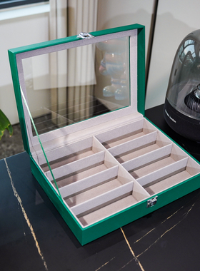 8位眼镜收纳盒 墨绿色皮质防尘多格墨镜首饰展示盒PU太阳镜收藏盒