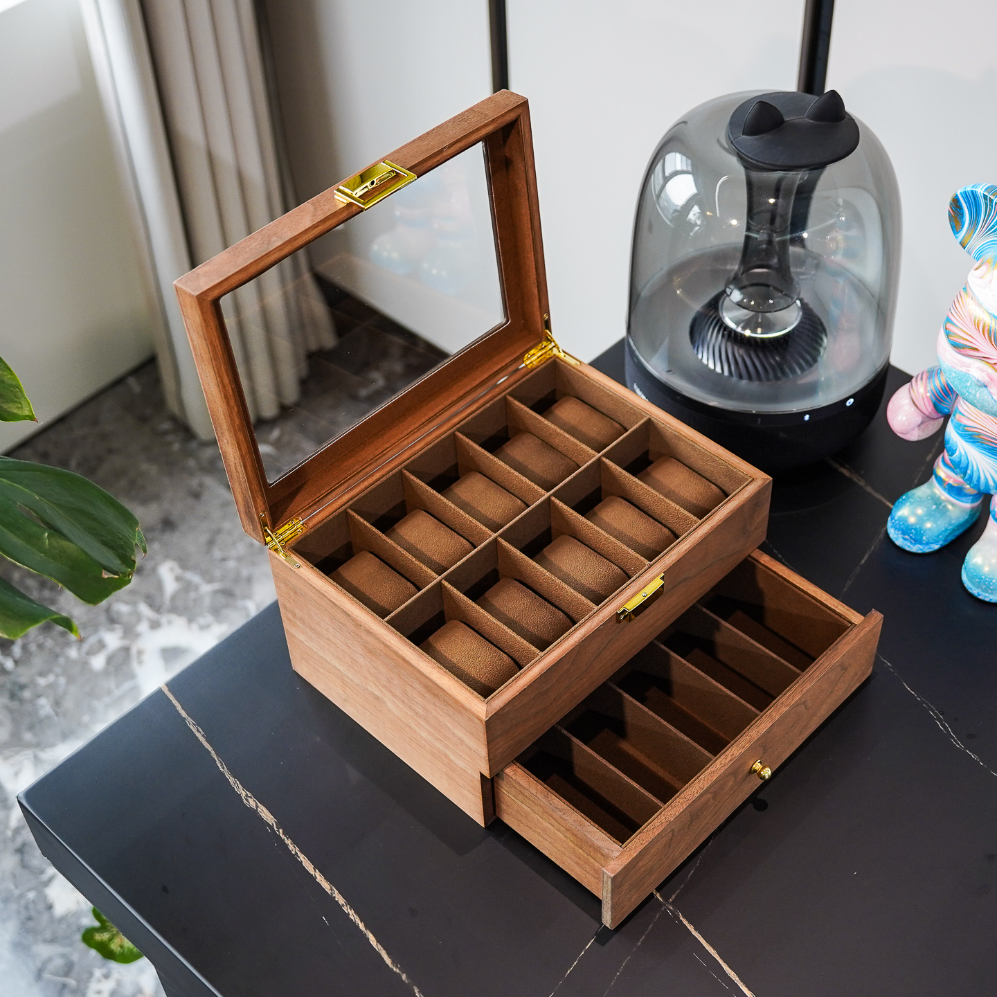 黑胡桃木纹10位手表5位眼镜多功能双层款首饰收纳盒 大容量展示盒