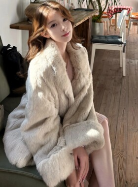 Layyyy【温柔兔姐姐】真兔毛定染奶灰色皮草女挽袖中长款毛毛外套