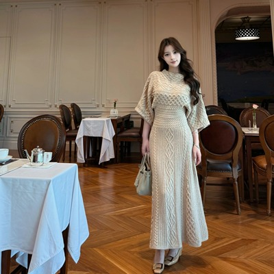 Layyyy【贵女私服】重工设计感法式千金针织长裙女外穿掐腰连衣裙