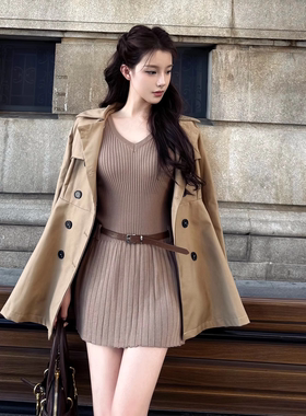 Layyyy【秋の来信】v领收腰中袖针织打底连衣裙收腰显瘦百褶裙女