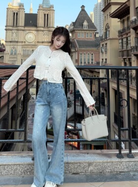 Layyyy【精致主义】烫钻宽松直筒牛仔裤女设计感水钻高腰阔腿裤
