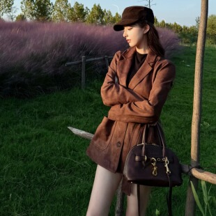 Layyyy【旧址】高级感麂皮绒西装领收腰系带单排扣外套女复古上衣