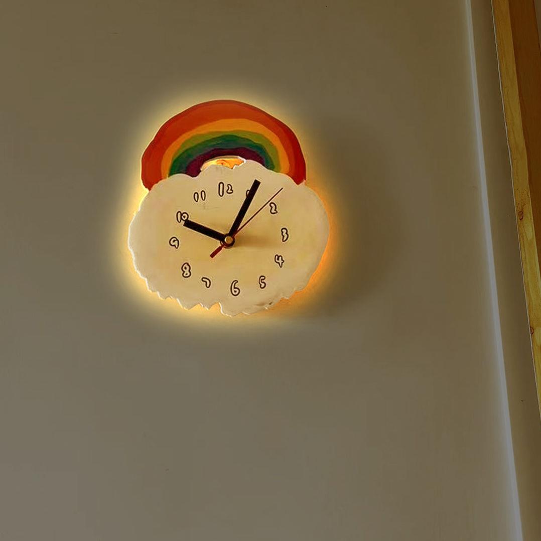 文艺小清新彩虹静音挂钟表云朵高颜值多巴胺配色遥控发光装饰时钟
