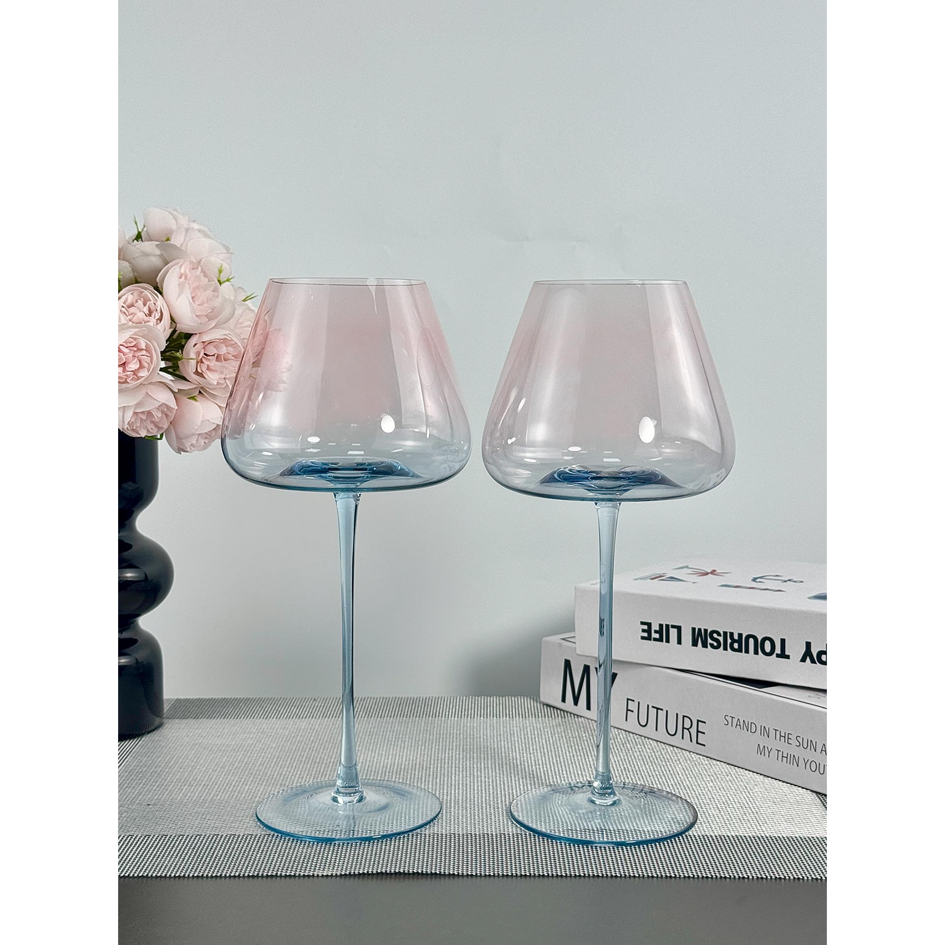 红酒杯水晶玻璃杯创意蓝粉渐变家用葡萄酒高脚杯手工高颜值红酒杯