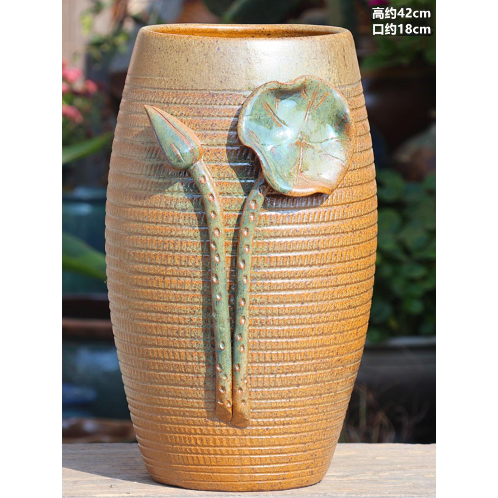 无孔水培花盆花瓶铜钱草雪柳插花瓶陶瓷大号中式复古陶罐室内粗陶