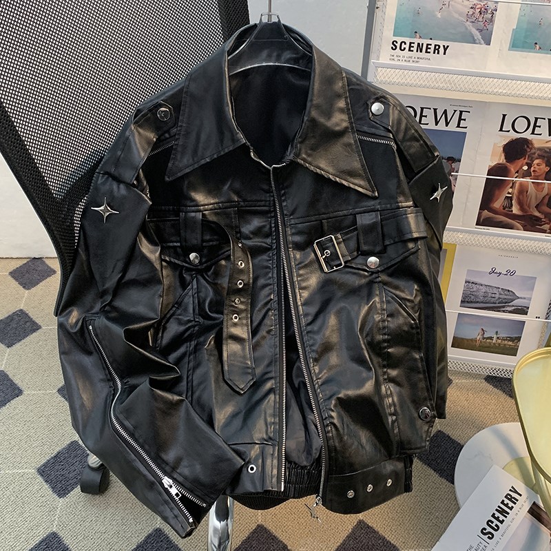 美式高街白色皮衣外套男春秋季潮牌设计小众高级感大码机车服夹克