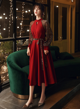 红色礼服裙女宴会气质结婚回门连衣裙小礼服森系轻奢小众日常秋季
