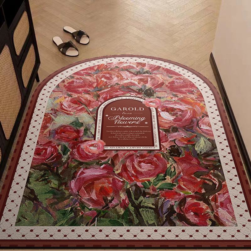 复古玫瑰地垫入户门垫门口进门地毯pvc可擦免洗家用玄关脚垫油画
