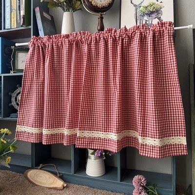 红色小格子半帘窗帘门帘美式乡村穿杆半截小窗帘咖啡帘柜帘遮挡帘