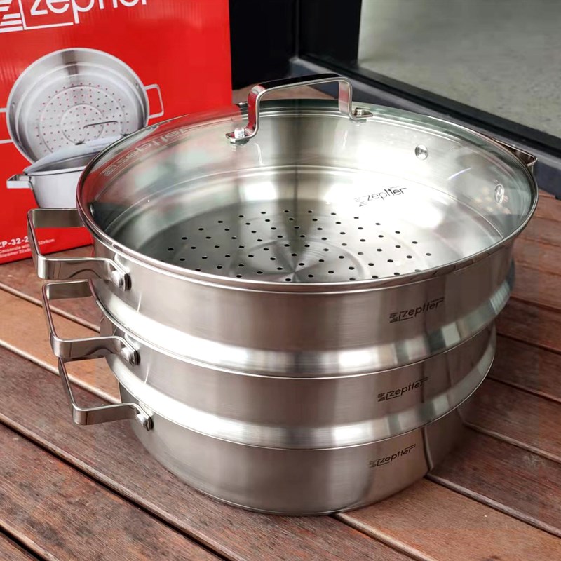 出口欧洲zepter三层不锈钢蒸锅不锈钢汤锅蒸笼30cm口径钢化玻璃盖
