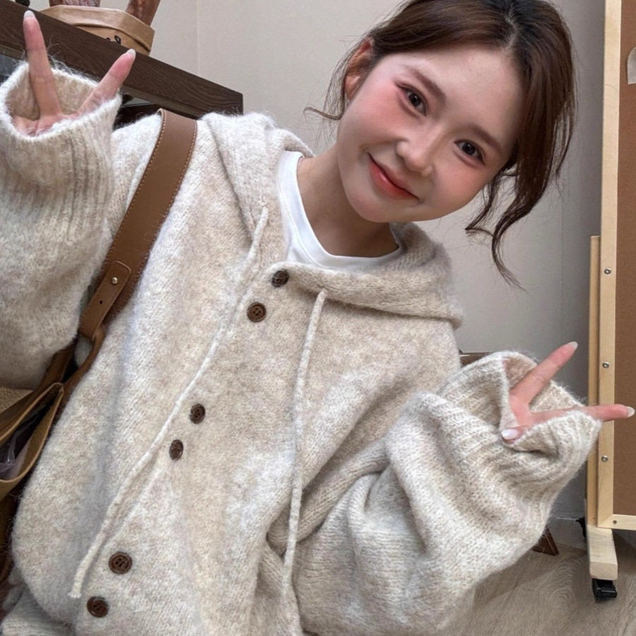 连帽毛衣开衫女秋冬季加厚韩系软毛宽松慵懒风软糯针织衫外套上衣