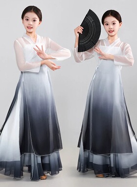 新国风服烟云古典舞黑白水墨舞裙书简民族舞蹈练功飘逸纱衣演出服