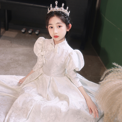 女童礼服白色花童参加婚礼公主裙儿童小女孩主持人钢琴演出服冬季