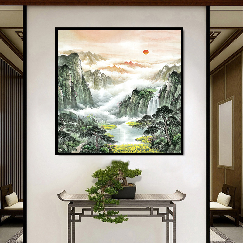 正方形挂画靠山字画走廊公司装饰画玄关新中式旺财山水画风景壁画图片
