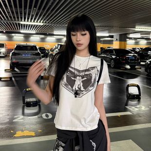 Open yy双人舞爱心涂鸦印花短袖辣妹休闲千禧风百搭修身短TEE