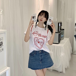 RONRO*联名款印花爱心狗狗短袖宽松休闲纯棉韩系女裴珠泫同款上衣