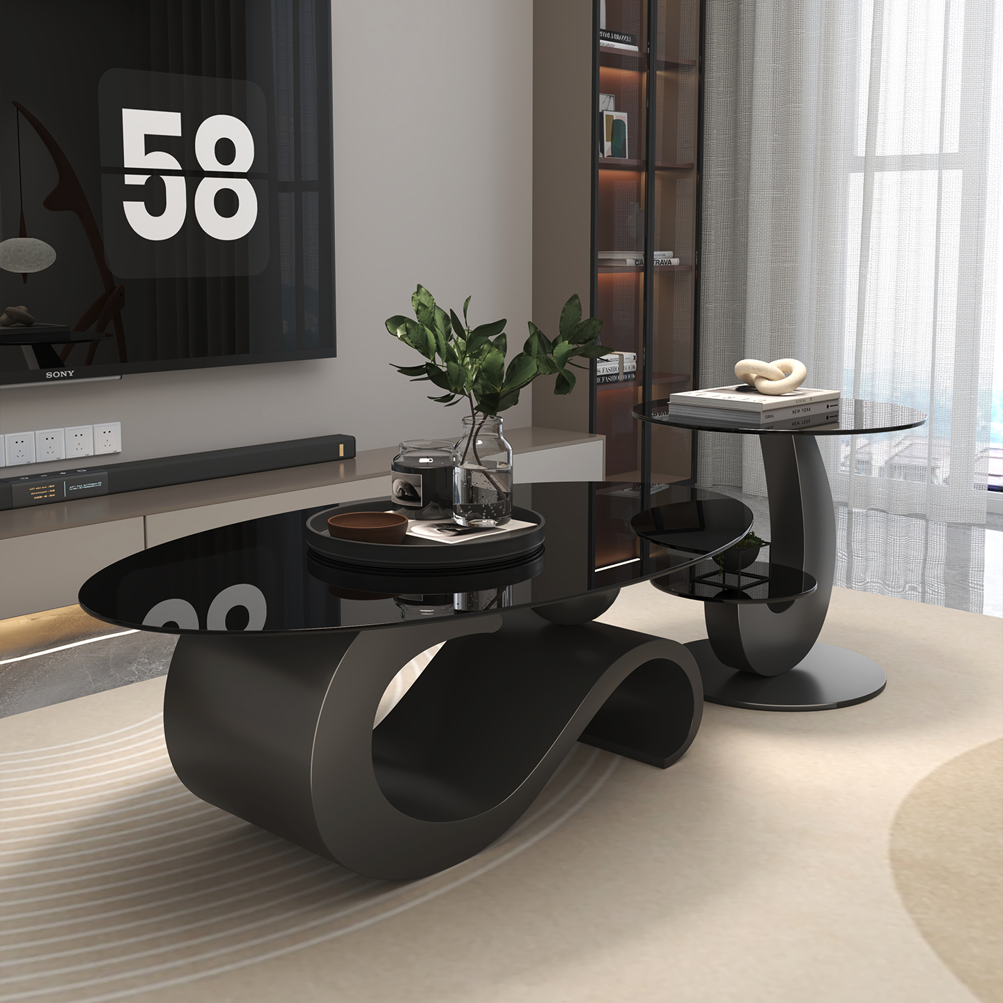 意式轻奢椭圆形客厅家用小户型现代简约设计师高级感玻璃茶几组合