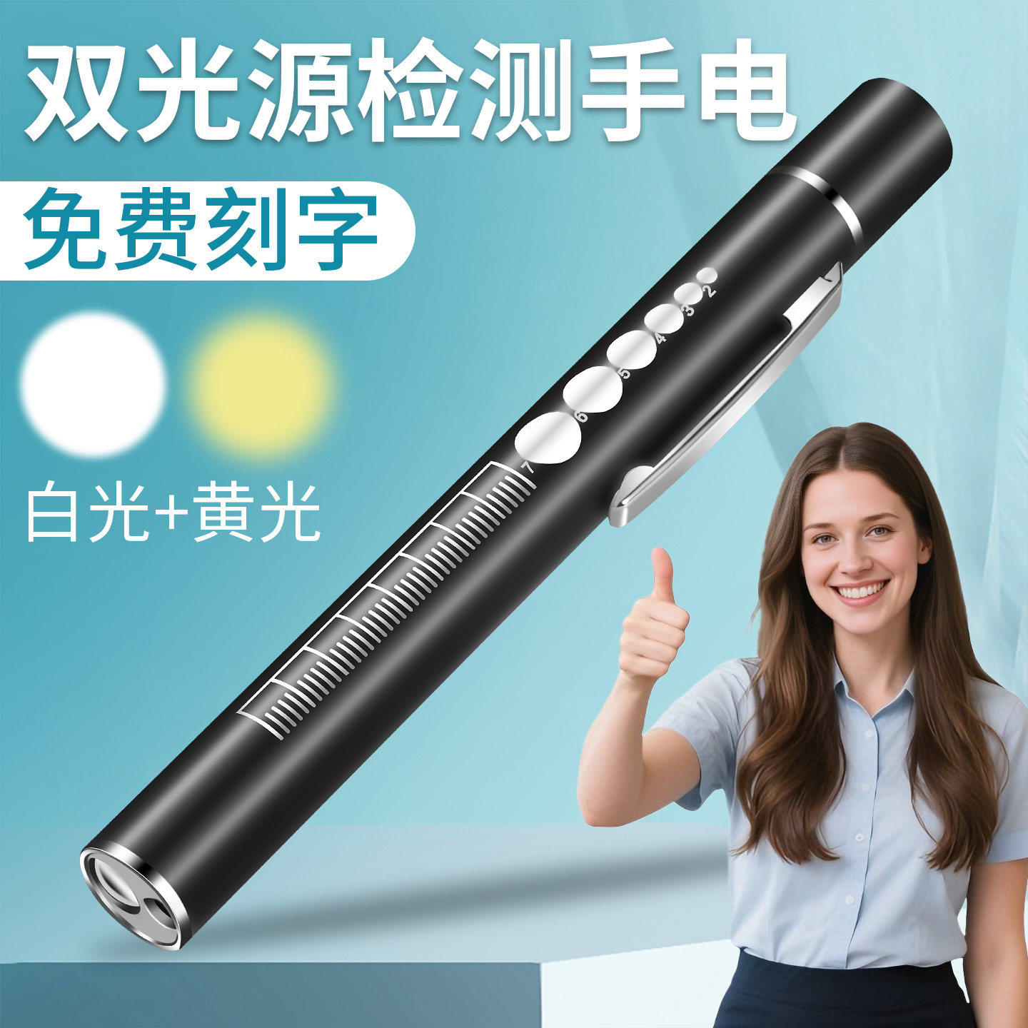 充电黄白双光源笔灯小手电筒带刻度学生晨检不锈钢检查检测笔灯