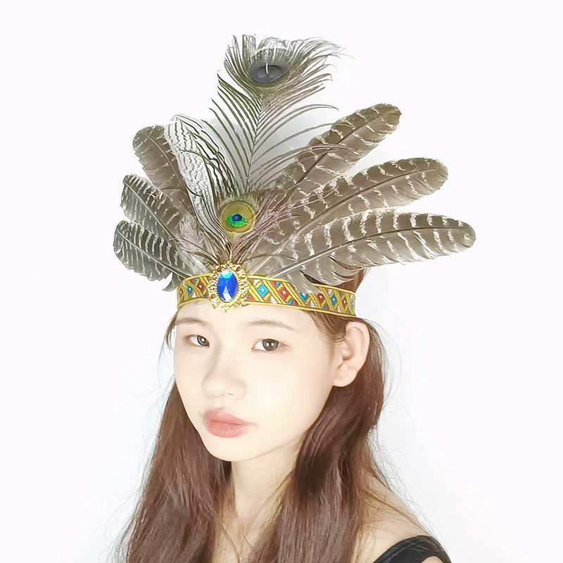 印第安头带非洲鼓民族成人镶钻羽毛孔雀羽毛头饰舞台儿童表演道具