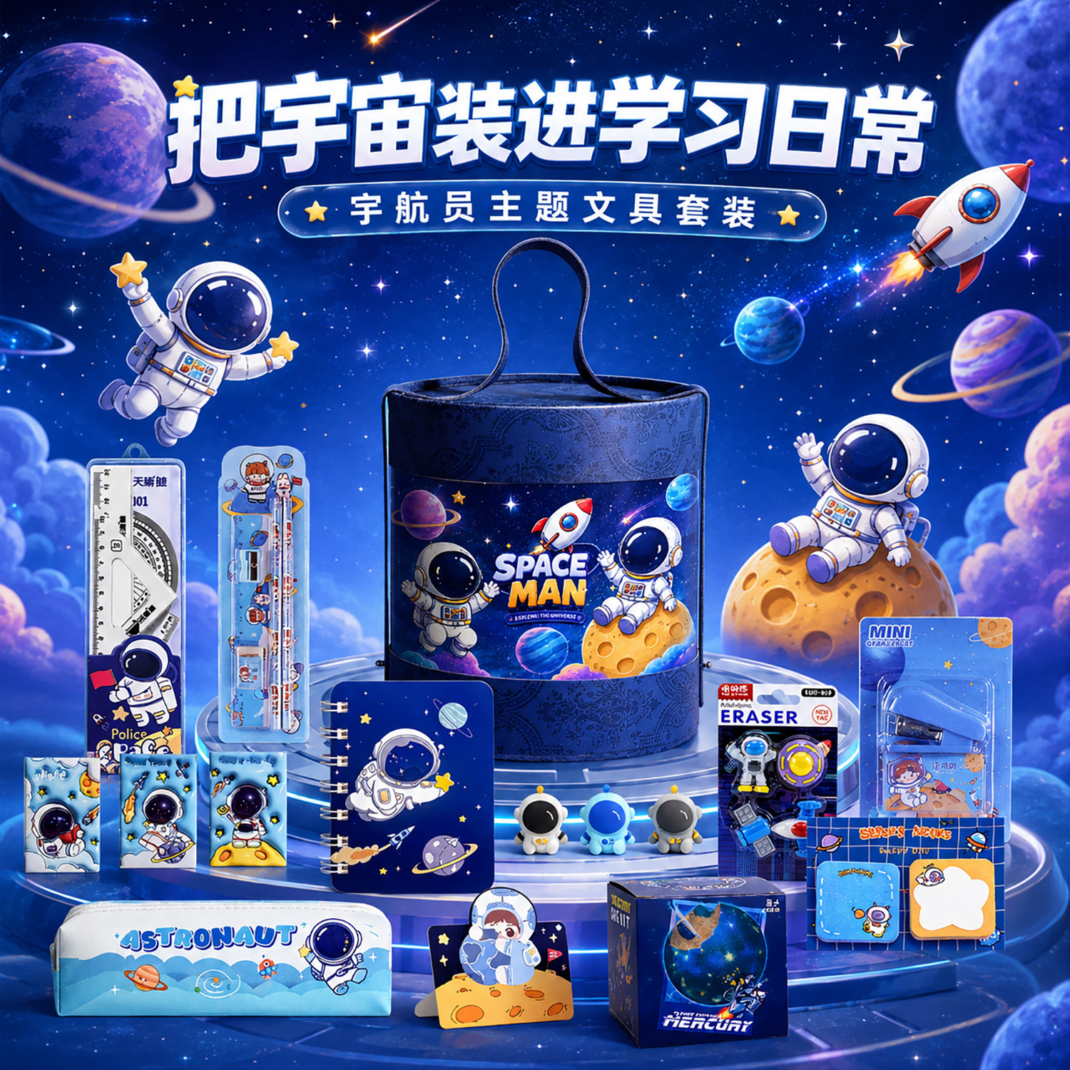 宇航员文具套装伴手礼玩具男孩款小学生学习用品幼儿园奖励开学大礼包抱抱桶礼盒套盒一年级盲盒男童生日礼物