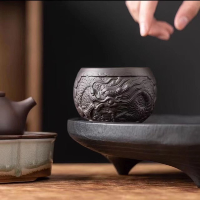 纯手工高档紫砂杯紫陶祥龙紫砂浮雕主人杯手工品茗茶杯功夫茶杯