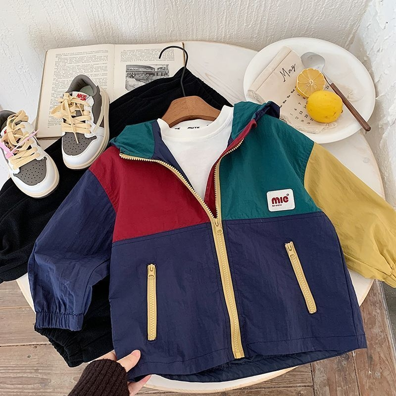 儿童连帽外套春秋2025新款撞色冲锋衣男童女童拼色夹克衫宝宝上衣