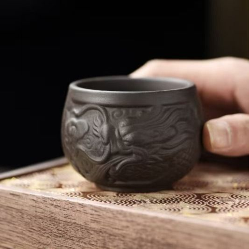 紫陶祥龙紫砂浮雕陶瓷品茗杯茶盏茶杯喝茶杯子待客杯水杯主人杯