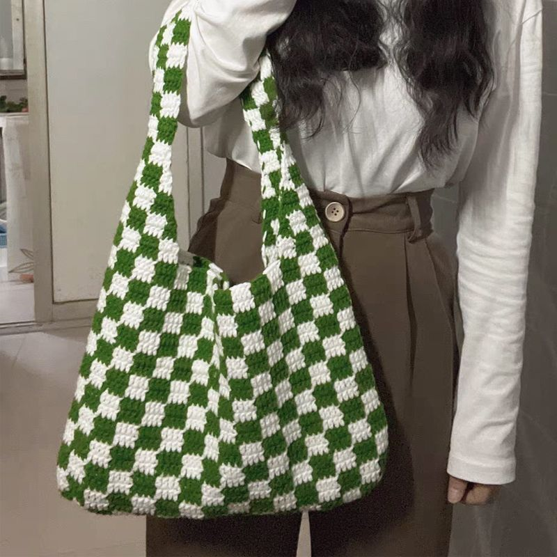送手工毛线格针织女友斜挎包编织棋盘自制包钩织diy全套材料包包