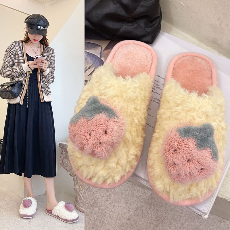 新款棉拖鞋女冬季防滑耐磨保暖室内家居情侣毛绒水果地板月子鞋