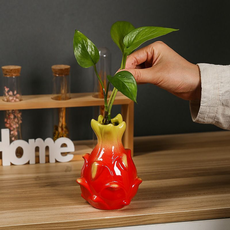 陶瓷火龙果水培绿植铜钱草绿萝仿真花花瓶客厅办公室桌面石榴花器