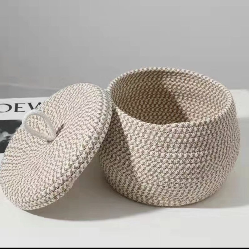 编织桌面收纳筐零食手工鸡蛋化妆品ins带盖手编收纳盒馒头编织带