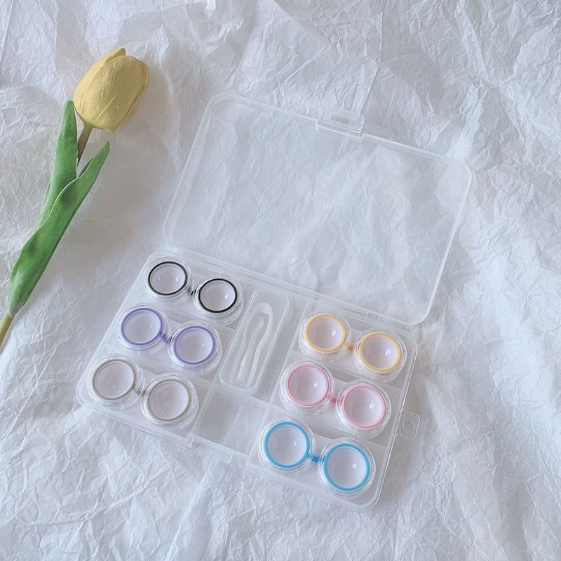 多副装隐形眼镜盒透明简约双联美瞳盒近视清新伴侣盒镊子收纳盒