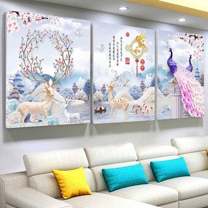 2025新款5d钻石画客厅满钻贴钻十字绣砖秀简约欧式孔雀麋鹿三联画