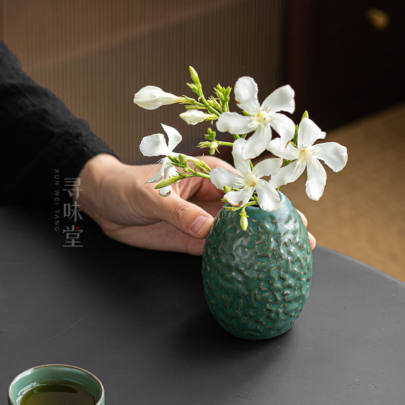 墨绿陶瓷石纹花器|复古风中小花瓶花插窑变粗陶中式禅意桌面摆件