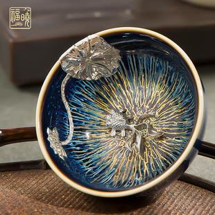 镶银金丝天目釉建盏茶杯对盏主人杯兔毫盏单杯十二生肖茶盏 福晓