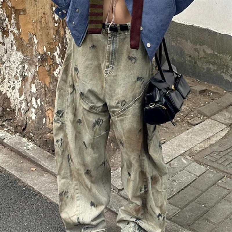 大码美式街头重工脏染做旧牛仔裤女新款美潮废土风宽松阔腿弯刀裤