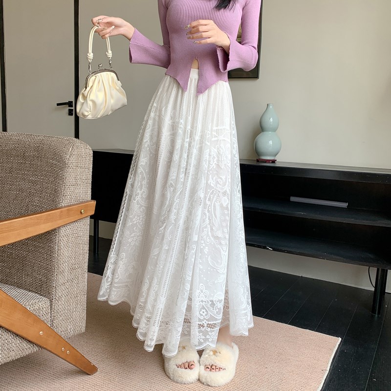 白色蕾丝半身裙女秋冬2024新款显廋内搭打底长裙高腰大摆a字纱裙