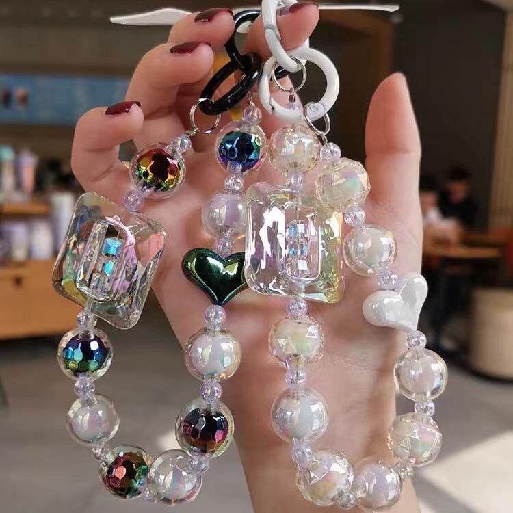女士高端手机挂件女精致高级感大方菱形串珠短款水晶珠子手链挂件INS风手腕防丢手机挂链