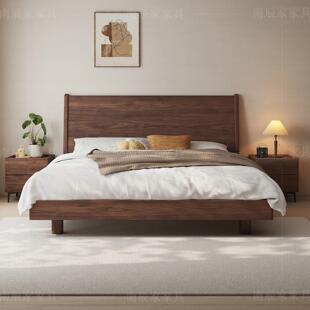 纯北美黑胡桃全实木床1.5一米八床简约中古风气压储物悬浮主卧床