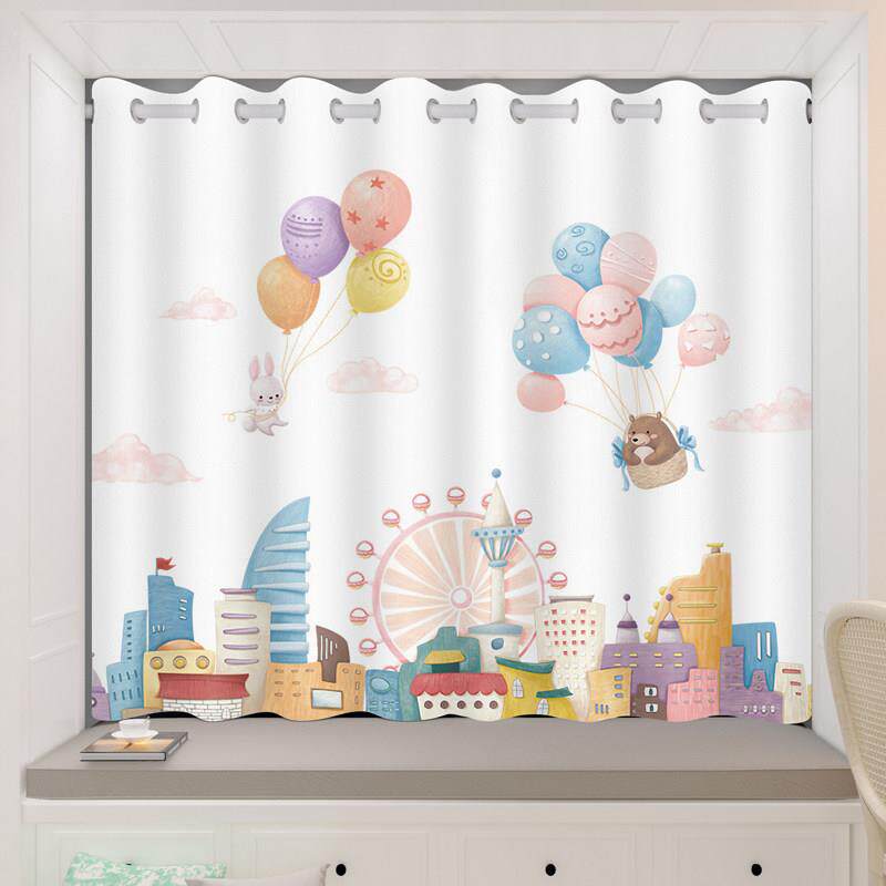 儿童房窗帘女孩卧室粉色卡通图案遮光2021年新款免打孔安装飘窗