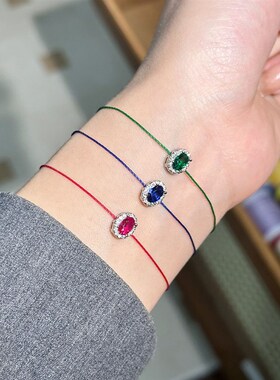 巴黎红绳绿宝石手链一路绿灯气质个性全绳本命年红色手Z绳925银