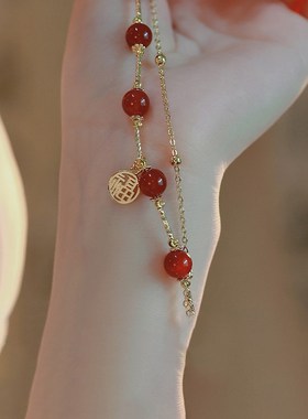 龙年本命年红玛瑙手链女生新中式国风转运珠福牌R双层红色闺蜜手