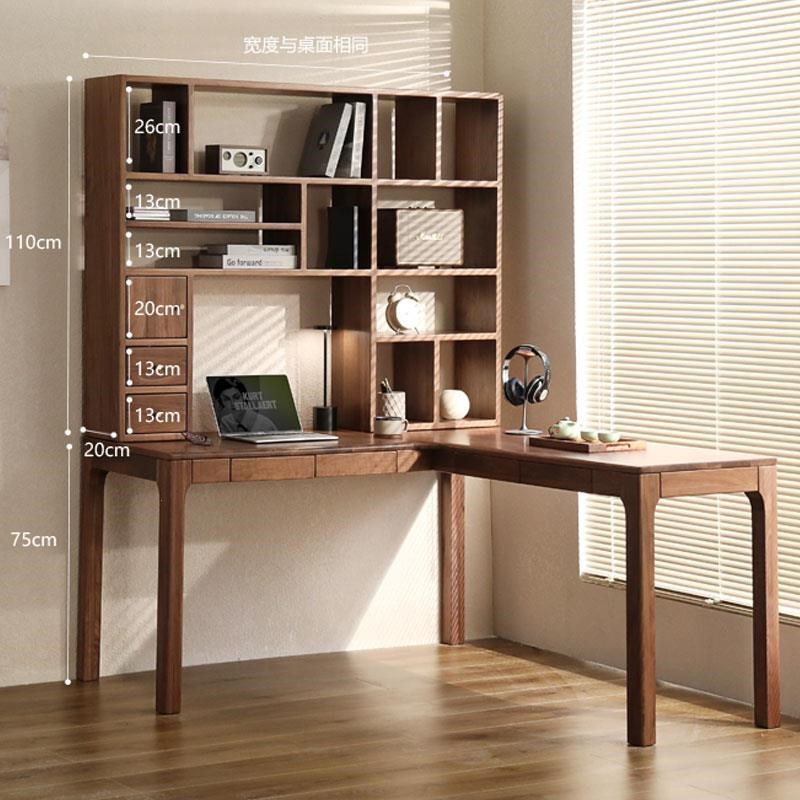 北美实木黑胡桃木书桌书架一体桌组合转角型拐角电脑办公桌老板台