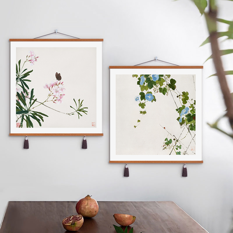 新中式植物花卉客厅装饰画书房走廊过道中国风挂画茶室布艺画挂布图片
